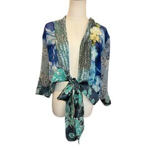 Lee Andersen Mixed Print Tie Front Sheer Jacket/Cardigan XS Made in USA